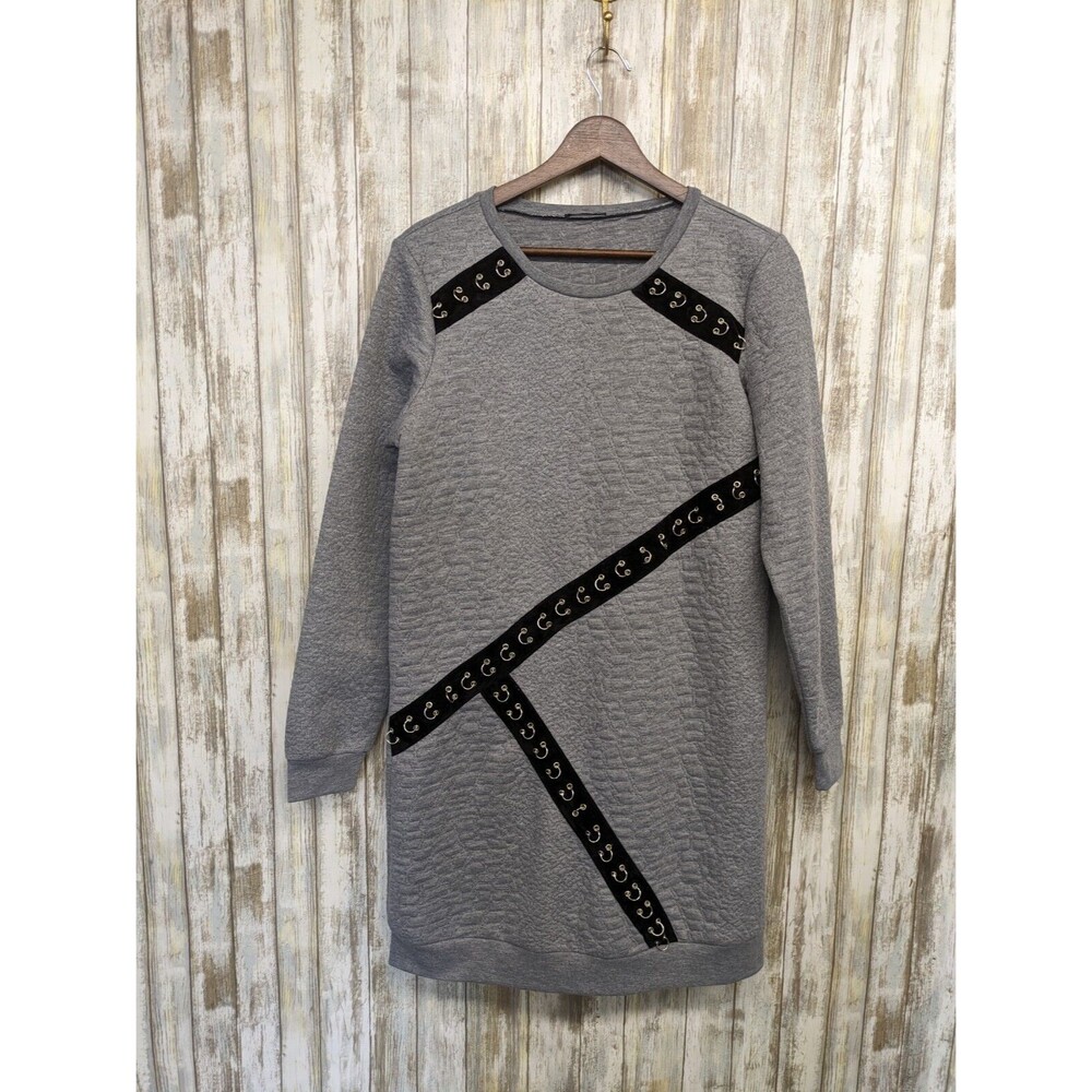 Marc. Womens Quilted Sweater Dress Sheath Sweatshirt Gray Embellished Medium